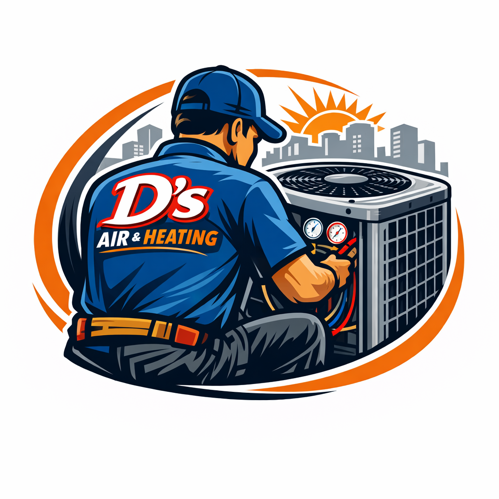 AC repair Chicago technician with D’s Air & Heating logo working on air conditioning condenser